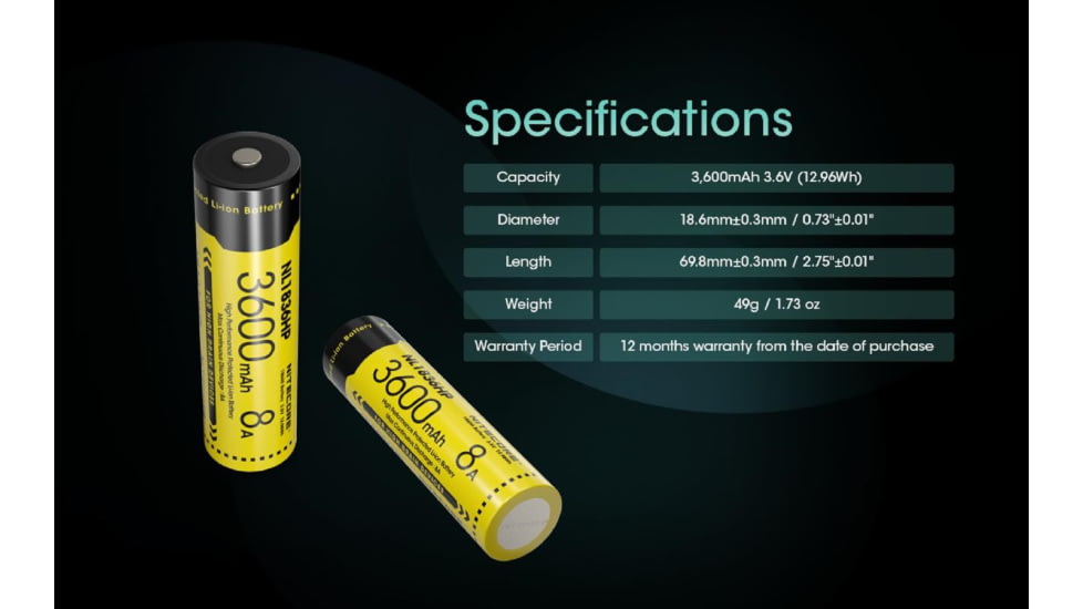 Nitecore NL1836HP 3600mAh Rechargeable 18650 Battery, Yellow, BAT-NITE-18650-NL1836HP