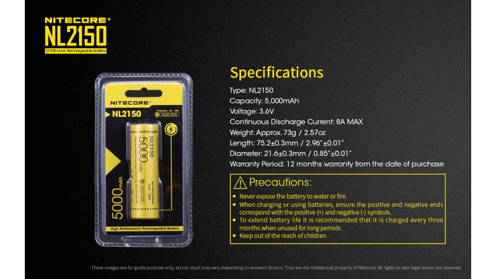 Nitecore NL2150 21700 5000mAh Rechargeable Li-ion Battery, Yellow, 6952506492848