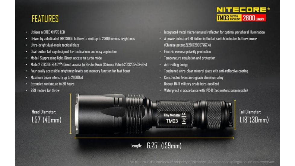 Nitecore TM03 Tiny Monster Flashlight CREE XHP70 LED 2800 Lumens, Black NITECORE-TM03