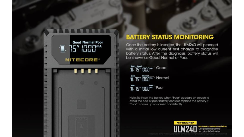 Nitecore ULM240 Leica Digital USB Battery Charger for BP-SCL2 Camera Batteries, Black, 6952506491810