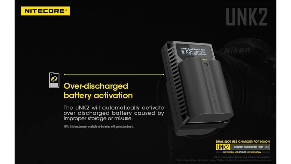 Nitecore UNK2 Dual Port USB Digital Charger for Nikon Batteries EN-EL15, Black, 6952506492671