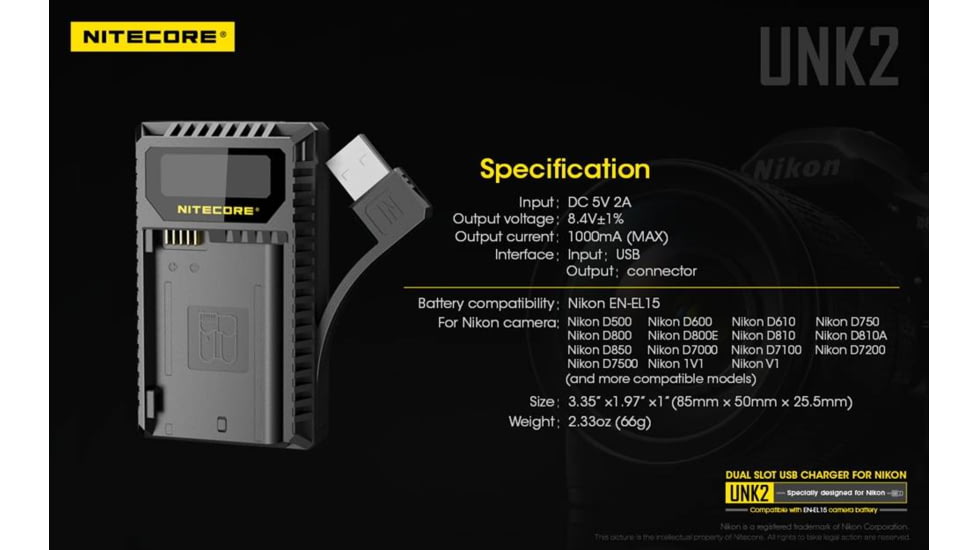 Nitecore UNK2 Dual Port USB Digital Charger for Nikon Batteries EN-EL15, Black, 6952506492671