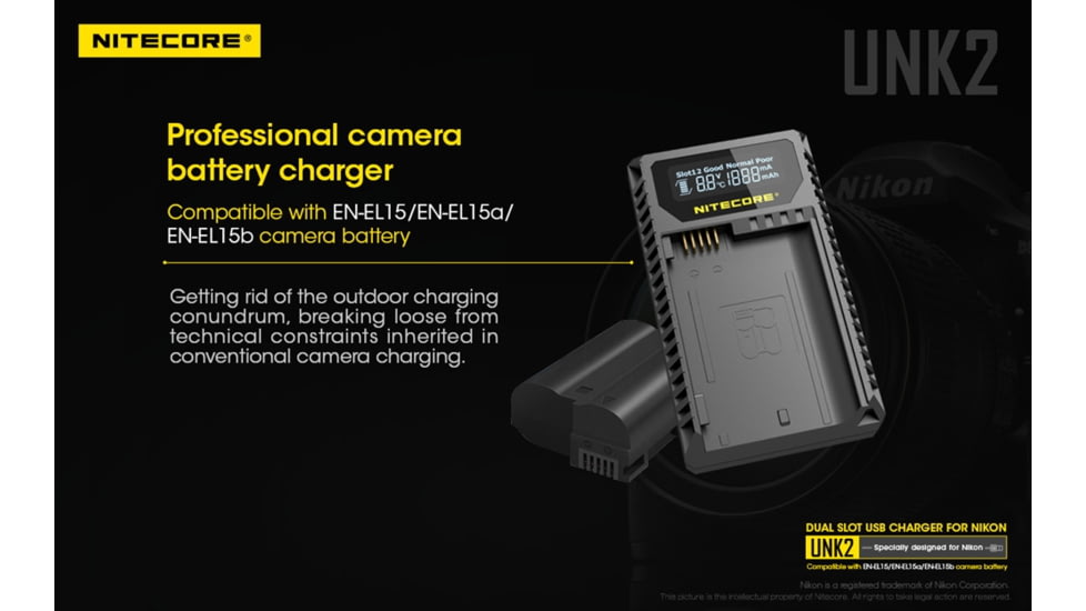 Nitecore UNK2 Dual Port USB Digital Charger for Nikon Batteries EN-EL15, Black, 6952506492671