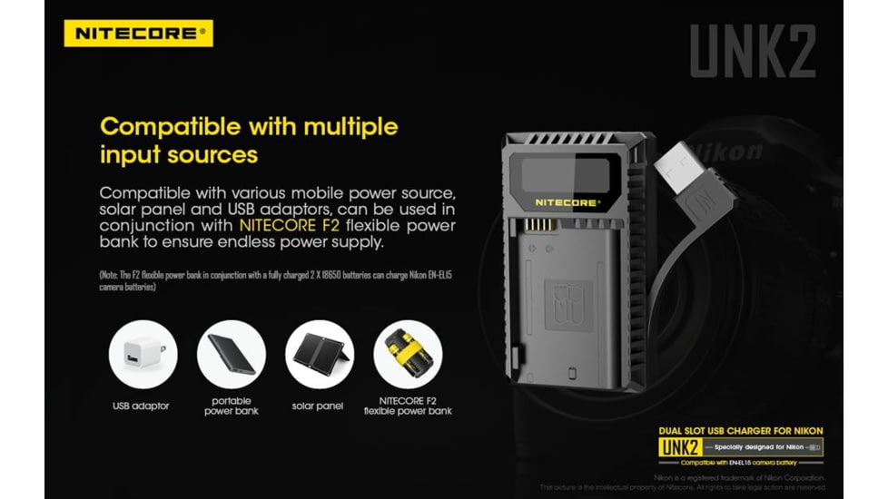 Nitecore UNK2 Dual Port USB Digital Charger for Nikon Batteries EN-EL15, Black, 6952506492671