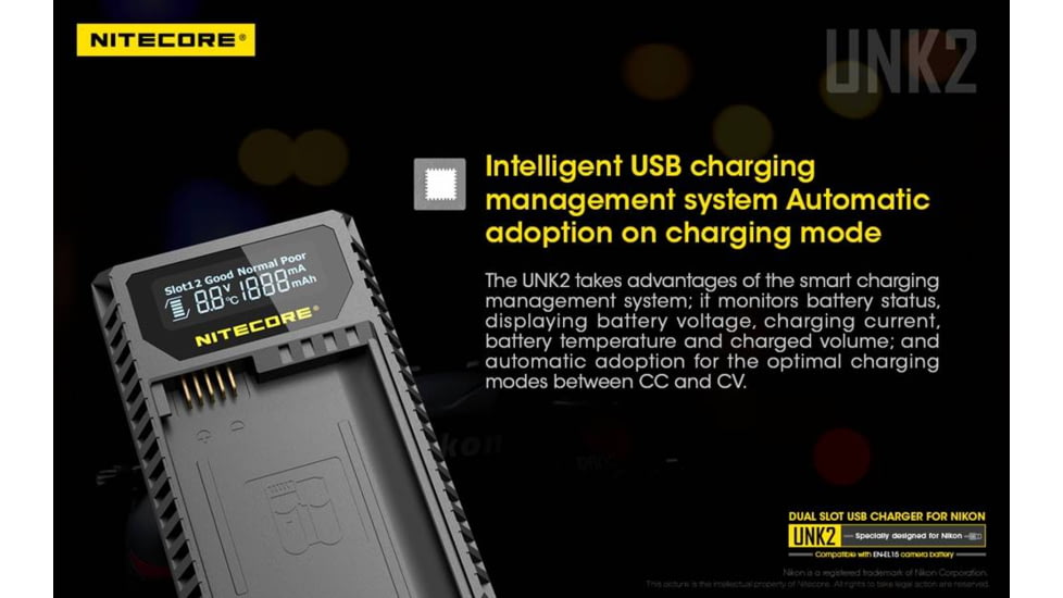 Nitecore UNK2 Dual Port USB Digital Charger for Nikon Batteries EN-EL15, Black, 6952506492671