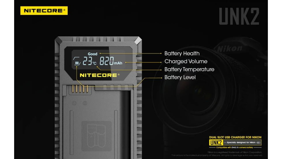 Nitecore UNK2 Dual Port USB Digital Charger for Nikon Batteries EN-EL15, Black, 6952506492671