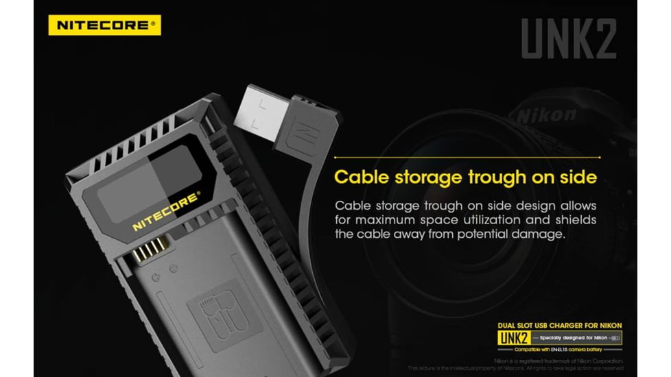 Nitecore UNK2 Dual Port USB Digital Charger for Nikon Batteries EN-EL15, Black, 6952506492671