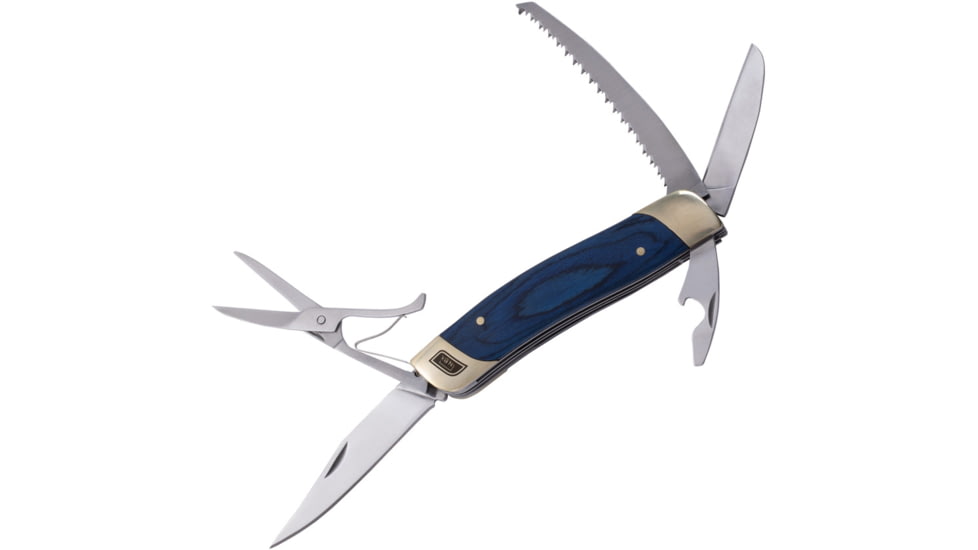 No Box Tools Multi-Tool Knife Blue, Satin finish 5Cr15MoV stainless clip and sheepsfoo, Blue wood handle, 01-0003