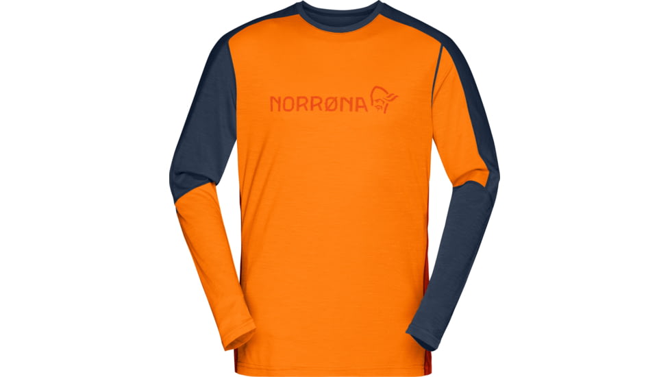 Norrona Falketind Equaliser Merino Round Neck Shirt - Mens, Orange Popsicle/Indigo Night, Small, 7042698472120