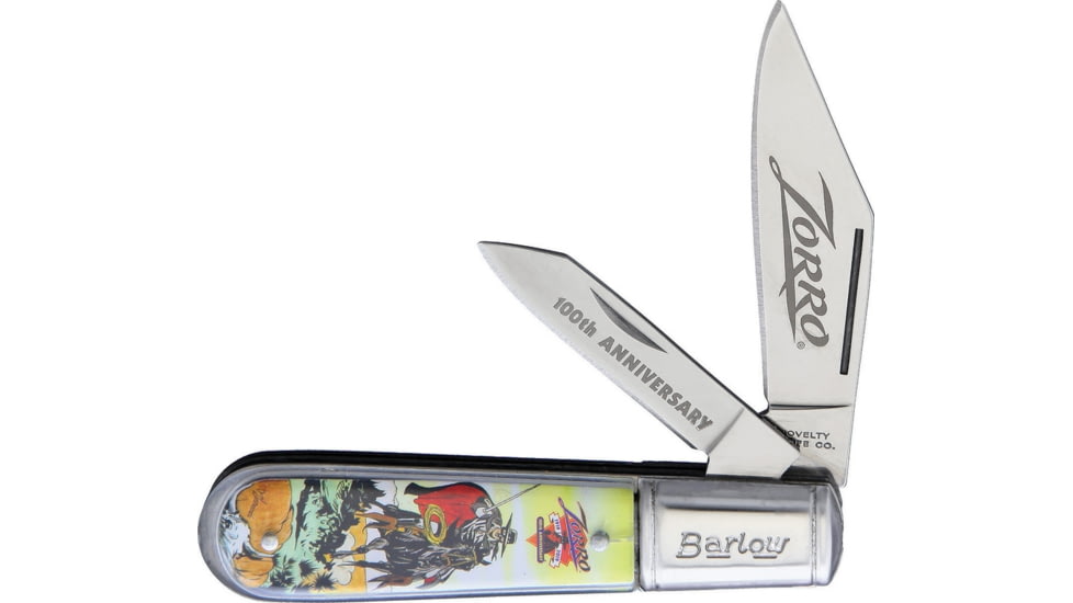 Novelty Cutlery 322 Zorro 100th Anniversary Barlow Folding Knife, Satin SS Large Clip And Small Clip, Zorro 100Th Anniversary Artwork Acrylic Handle, KO026/NV322