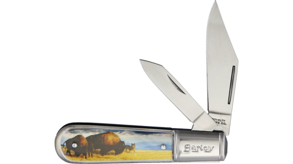 Novelty Cutlery Buffalo Barlow Folding Knife, Satin SS Clip And Pen Blades, Acrylic Handle, Buffalo Handle Artwork, K0012B BUFFALO