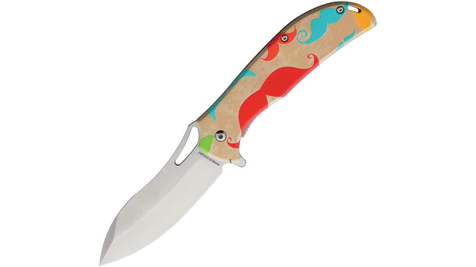 Novelty Cutlery Mustache Linerlock A/O Folding Knife, 3.5 satin finish stainless blade, Tan synthetic handle, NV328 / TR5154