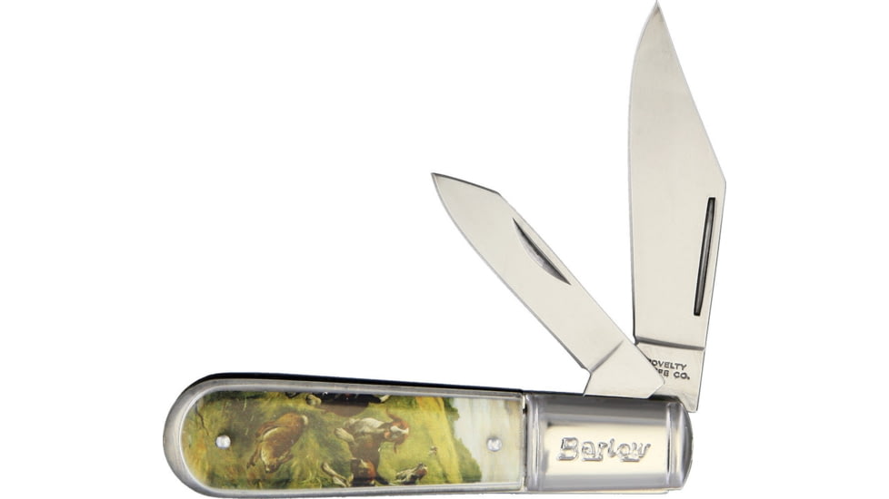 Novelty Cutlery Rabbit And Hounds Barlow Folding Knife, Satin SS Clip And Pen Blades, Acrylic Handle, Rabbits And Hounds Handle Artwork, K0012B RABBIT AND HOUNDS