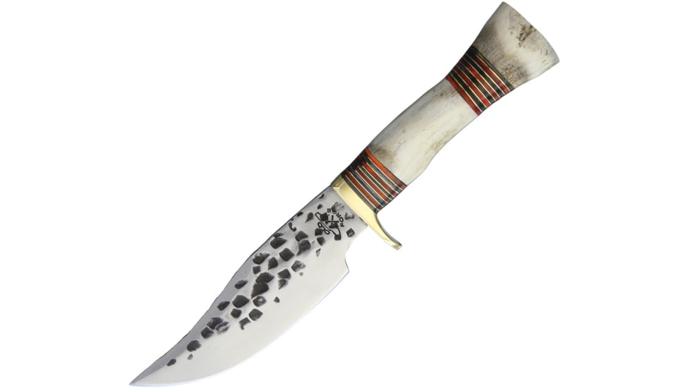 Old Forge Hammered Skinner Fixed Blade Knife, 11.25in Overall, 6in Hammered Finish SS Clip Point Blade, Brass Guard, Bone And Pakkawood Handle, Black Leather Sheath, OF022