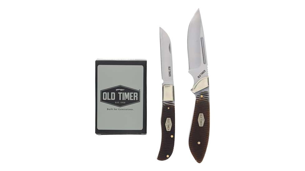 Old Timer Fixed Blade Kife/Folding Blade Knife and Playing Cards Set, Stainless Steel, Brown Pakka Wood Handle, 1227065