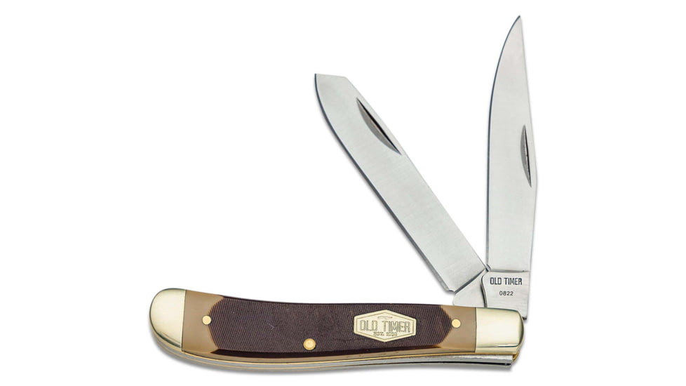 Old Timer Gunstock Trapper 2-Blade Lockblade Folding Pocket Knife, 3.1in, SS Clip Point/Spey Blade, Brown Sawcut Handle, 1187296
