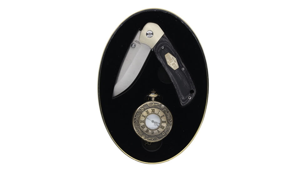 Old Timer 3in Folding Knife &amp; Pocket Watch Combo, 3in, Stainless Steel Satin Blade, Grey Laminate Wood Handle, 1227062