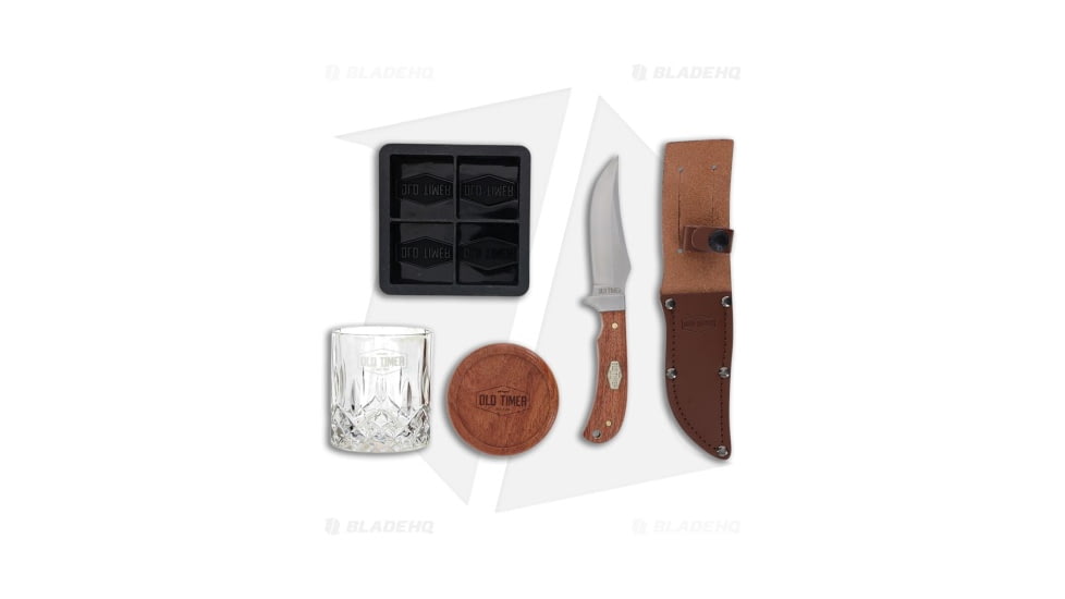 Old Timer Schrade Ot Whiskey Glass Set &amp; Fixed Blade Knife, 3.50in, Stainless Steel, Clip Point Blade, Pakkawood Brown Handle, Steel/Brown, 8.25in, BHQ-206593