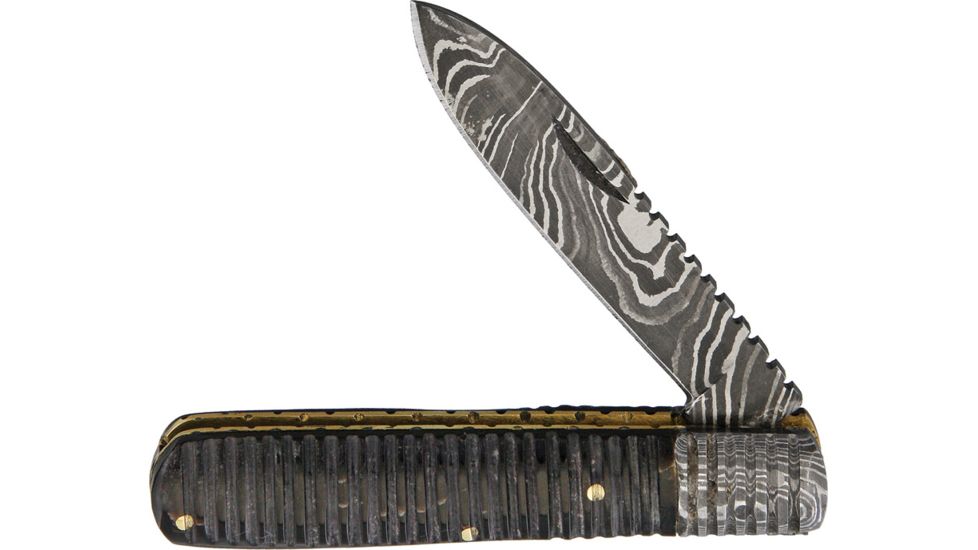 OldForge Barlow Damascus Buffalo Folding Knife,3.125in,Damascus Steel,Standard Edge,Black,Buffalo Horn Handle OF013