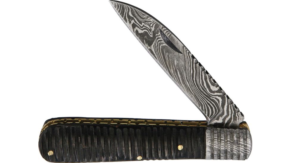 OldForge Wharncliff Barlow Damascus Folding Knife,3.125in,Damascus Steel,Standard Edge,Wharncliffe,Black,Buffalo Horn Handle OF021