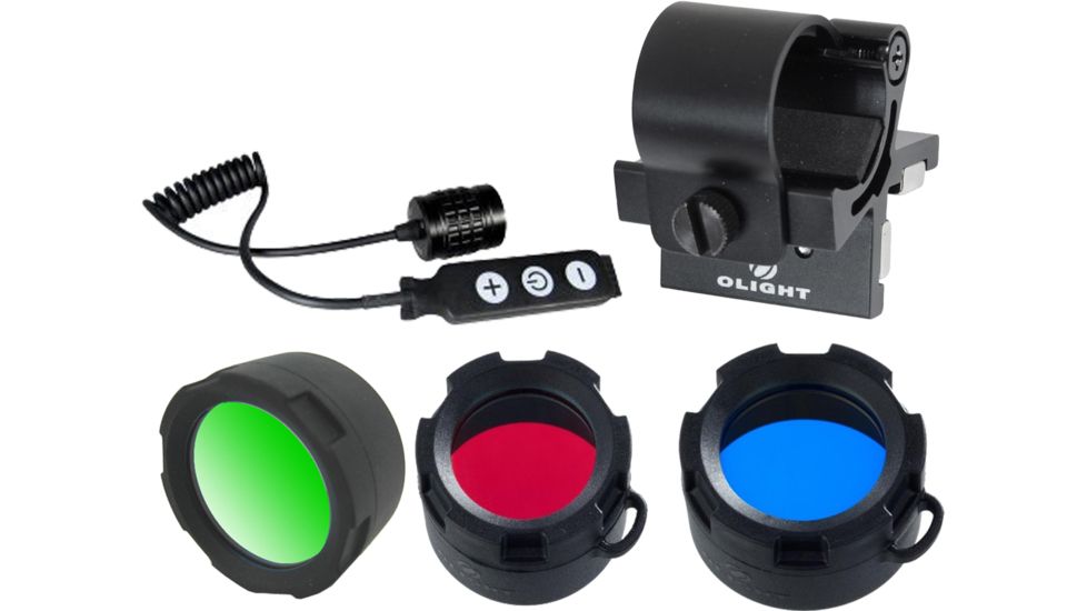 Olight M20S Hunting Set 1 with M20S Warrior - Red Green Blue Filter Kit - X-WM01 Magnetic Weapon Mount - and Three Key Remote Pressure Switch DIM, Black M20SHSHNTINGST1