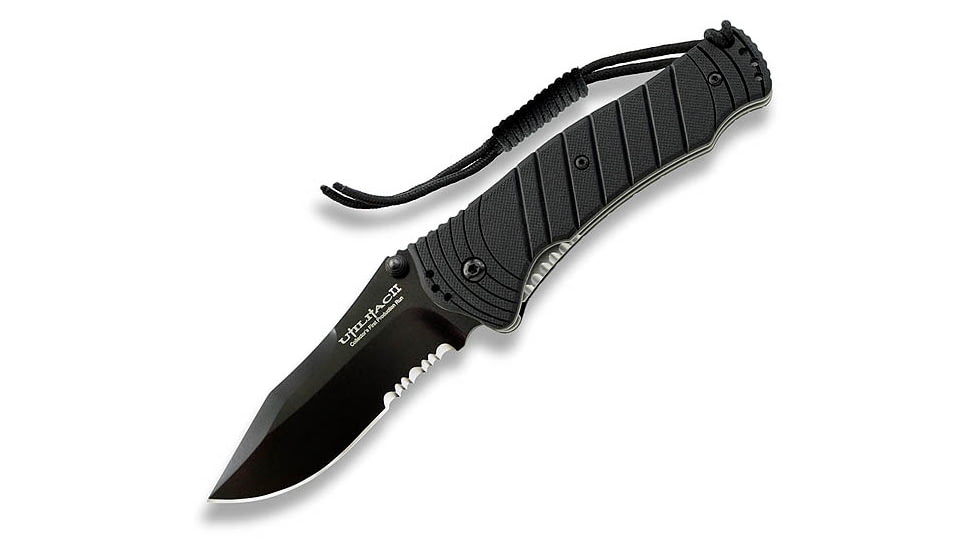 Ontario Knife JPT-3S Folding Knife, Drop Point, Black, Square Hole, Black Blade, Serrated OK8907