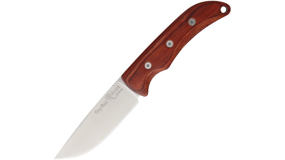 Ontario Knife Robeson Drop Point Hunter Fixed Blade Knife, 4.25in, D2 Tool Steel, Standard Edge, Satin, Brown, Laminated Hardwood Handle ON8174