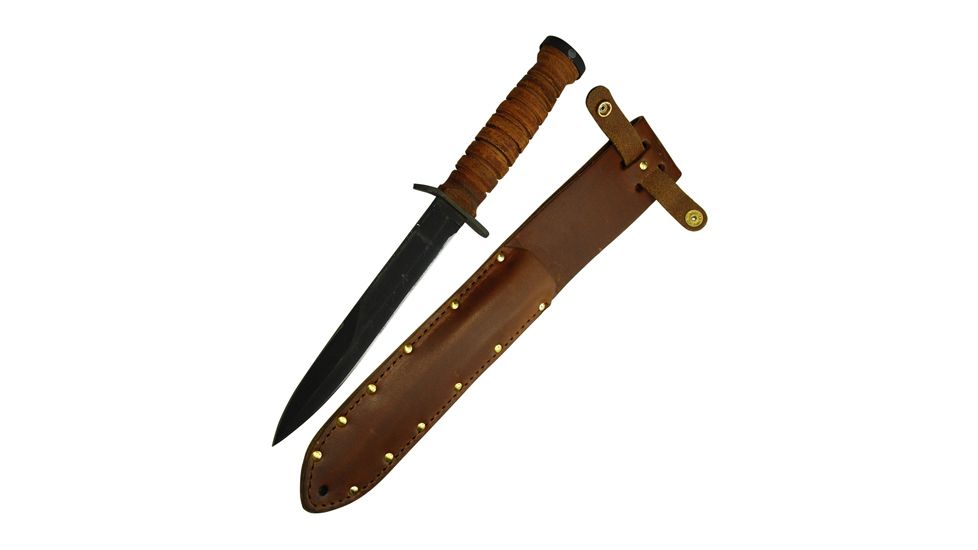 Ontario Knife Trench Knife, Brown Leather Handle, Leather Sheath OK8155