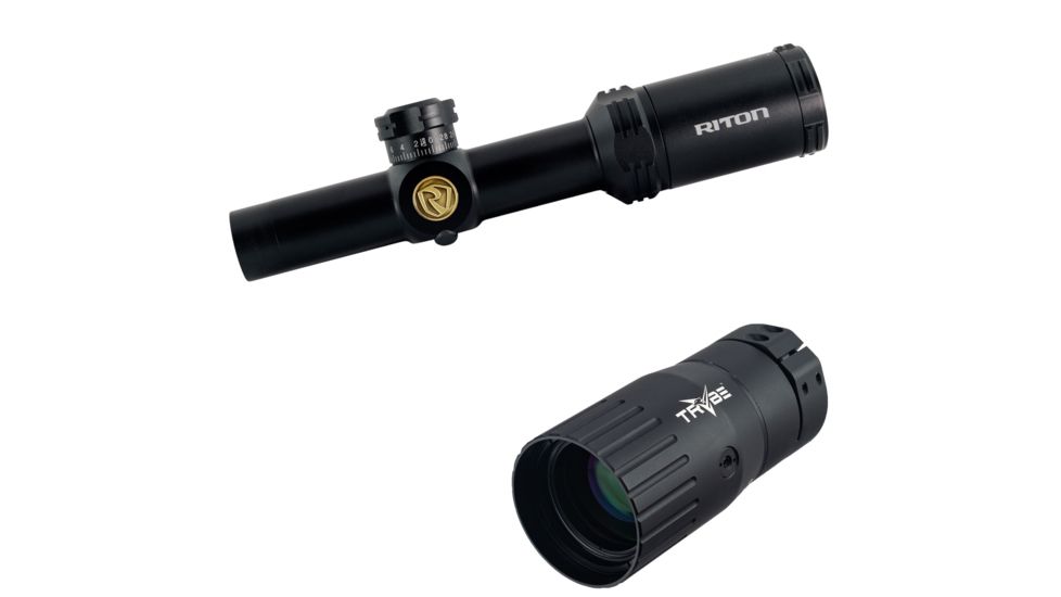 OP Exclusive - Riton RT-S Mod 3 GEN2 1-4x24 Rifle Scopes, w/Riton Bullet Drop Compensated Reticle for AR-15 platform, Black, 19962523366 w/ Trybe Optics Enhancer - Magnification Doubler