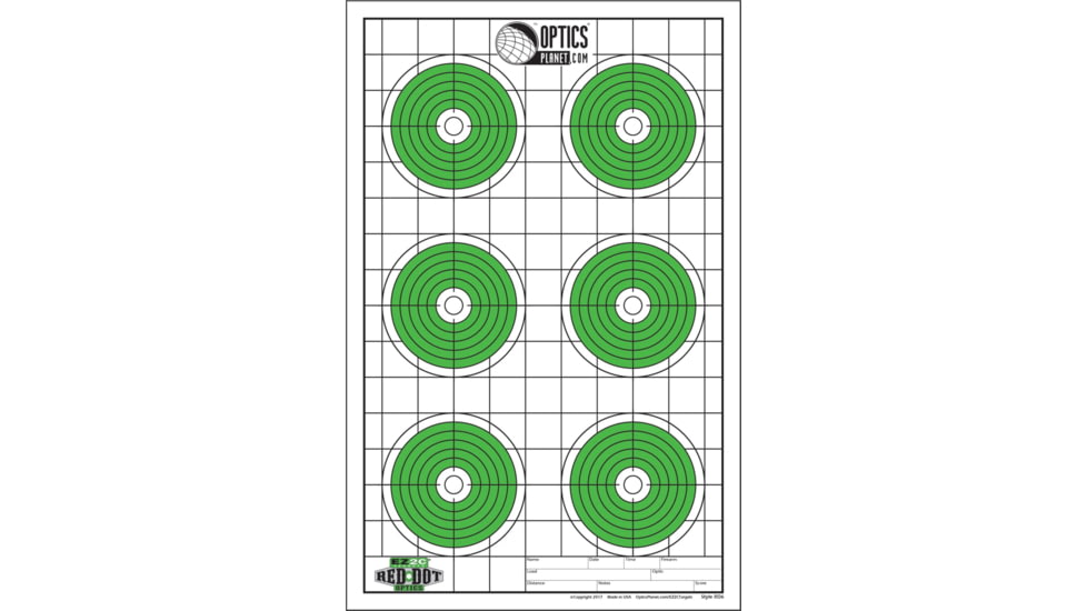 OpticsPlanet Exclusive EZ2C Targets Red Dot Optics Style 6, Green and Black Ink on High Quality White Paper, 25 Pack, EZ2CRD06