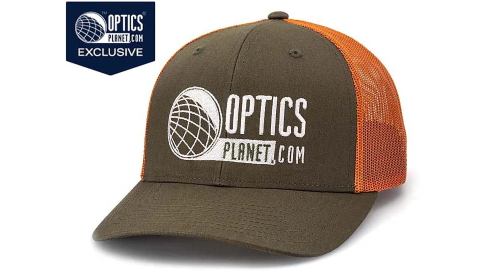 OpticsPlanet Trucker Hat Embroidered Logo, Dark Loden/Jaffa Orange, OPLDk LodJa Or-Dk LodJaf Or