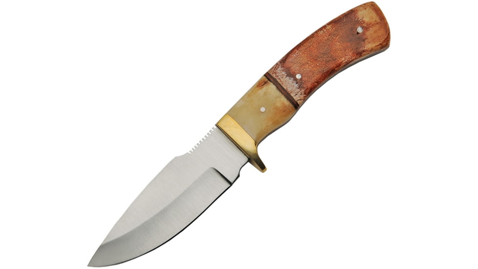 Pakistan 8.13in Fixed Blade Knife, 8.13in overall, 4in Satin SS Drop Point, Brass guard, Burnt finish bone, 203395