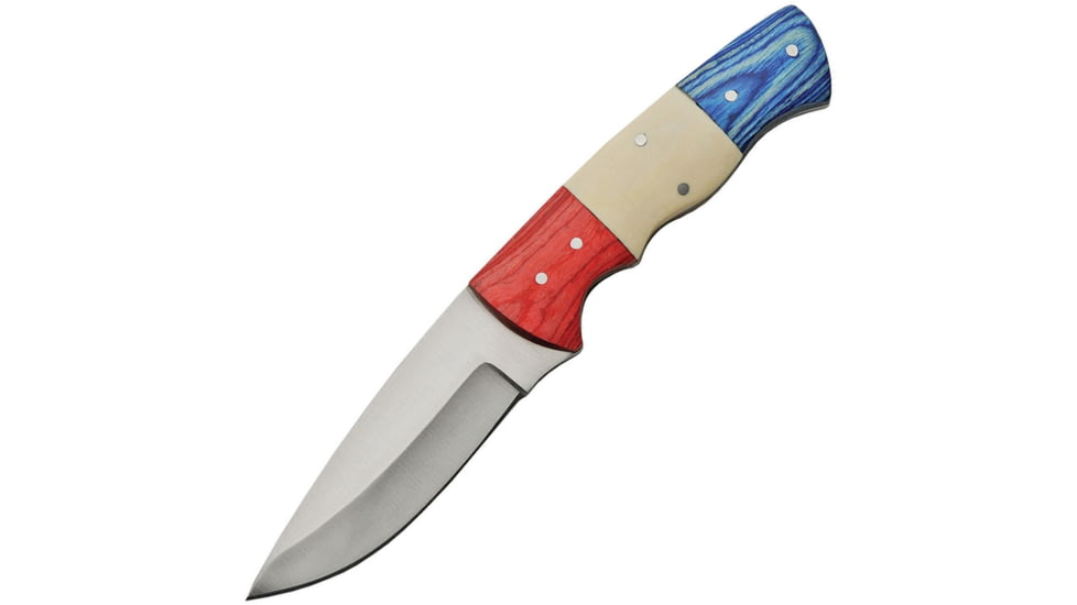 Pakistan 8in Fixed Blade Knife, 3.75in Satin SS Blade, Red Wood/White Bone/ Blue Wood Handle w/ Brown Leather Belt Sheath, 203383