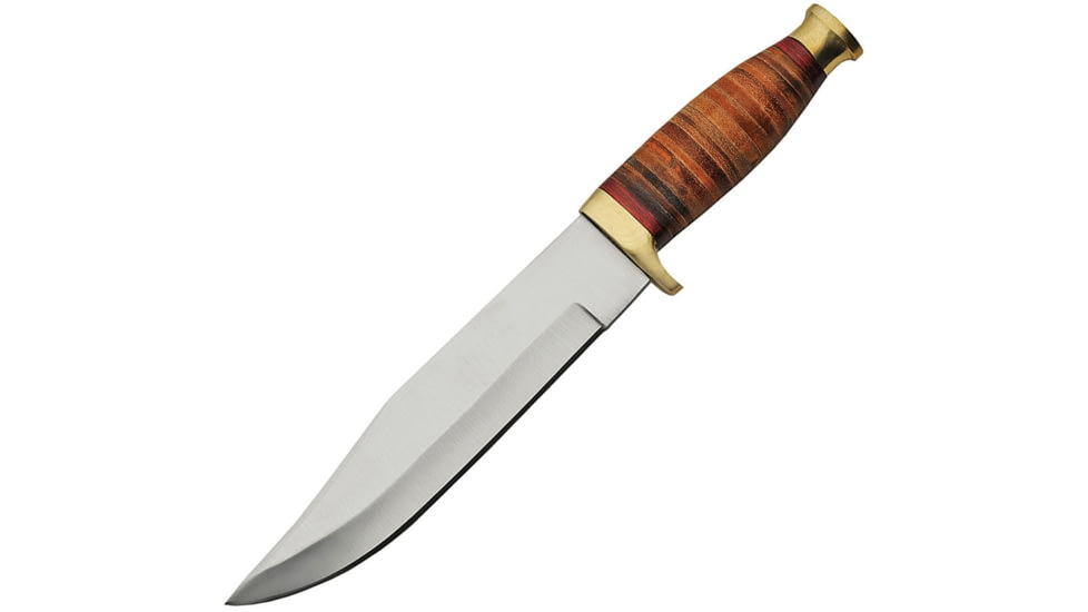 Pakistan Bowie Stacked Leather Fixed Blade Knife, 12in Overall, 7.5in Satin SS Clip Point Blade, Stacked Leather Handle, Brass Guard And Pommel, Brown Leather Belt Sheath, 203385