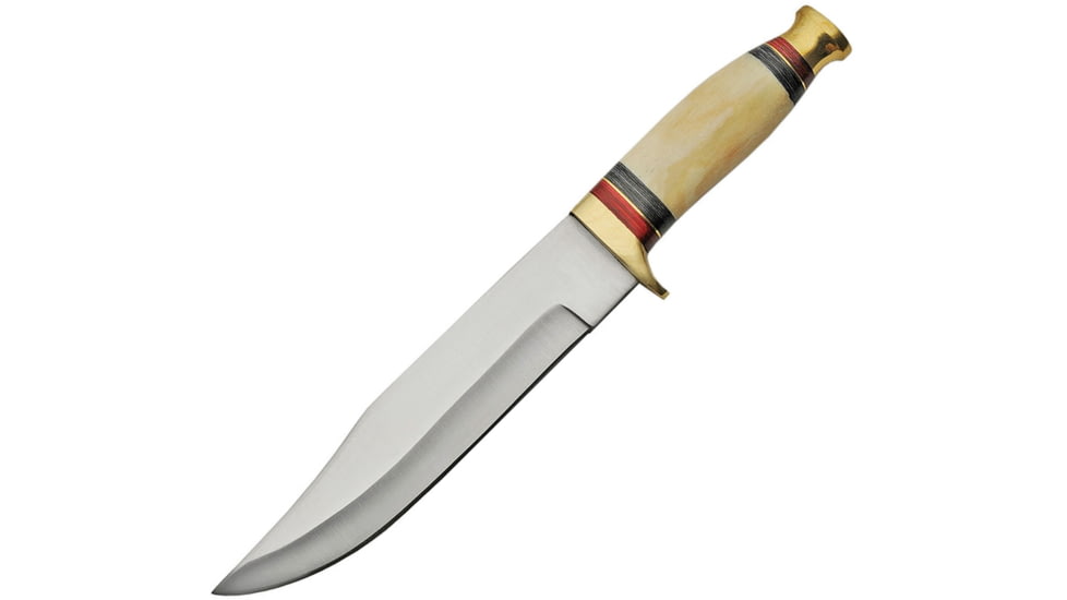 Pakistan Bowie White Bone Fixed Blade Knife, 12in Overall, 7.5in Satin SS Clip Point Blade, White Smooth Bone Handle, Brass Guard And Pommel, Brown Leather Belt Sheath, White, 203386