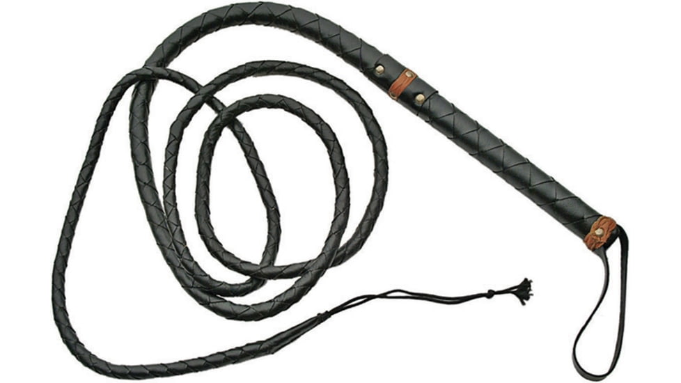 Pakistan Bull Whip, Measures 5' 9in Tip To Top Of Handle, 5' Braided Black Leather Whip, Stiff Black Leather Wrapped Handle With Brown Leather Trim And Black Leather Wrist Strap, Black, 891805-5
