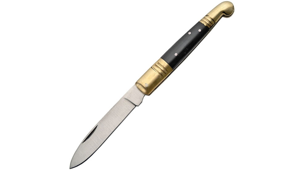 Pakistan Old Fashion Pocket Knife, Old Fashion Knife, 4.63in Closed, 3.75in Satin SS Spear Blade, Black Smooth Wood Handle, Brass Bolster, Black, 202884-BK