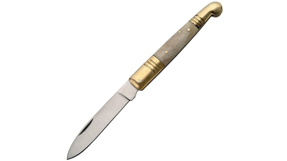 Pakistan Old Fashion Pocket Knife, Old Fashion Knife, 4.63in Closed, 3.75in Satin SS Spear Blade, Natural Smooth Bone Handle, Brass Bolster, Natural, 202884-BO
