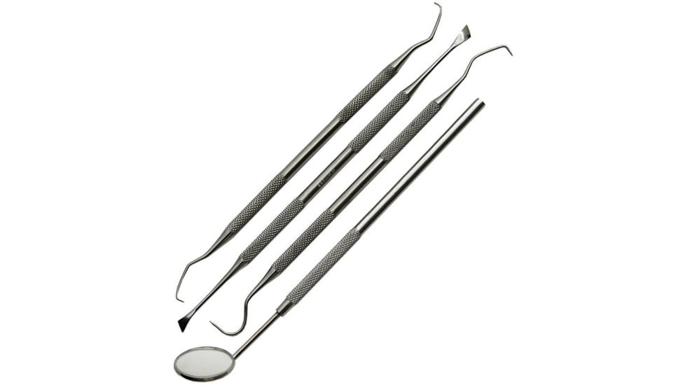 Pakistan Scraping Tools 4 Pc Fixed Blade Knife, SS Tools Include Mirror, Plaque Remover, Dental Scraper, Dental Pick, Comes In Plastic Storage Pouch, 100552