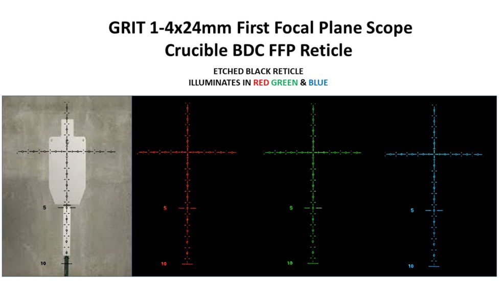 Patriot Optics Grit Rifle Scope, 1-4x24mm, 30mm, First Focal Plane, Crucible BDC or 16 MIL Dot Etched Glass Reticle, Matte Black, PO-S-1-4x24mmFFP