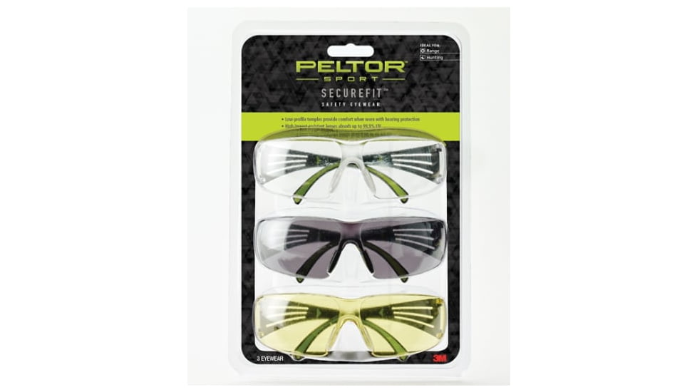 PELTOR Sport SecureFit 400 Eye Protection, 3Pack Clear,Amber,Grey Lenses, Anti Fog, Clear, SF400-P3PK-6