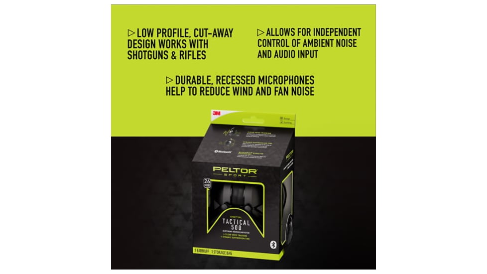 PELTOR Sport Tactical 500 Electronic Hearing Protection Ear Muffs. 26dB NRR, Bluetooth, Black, TAC500-NS-8