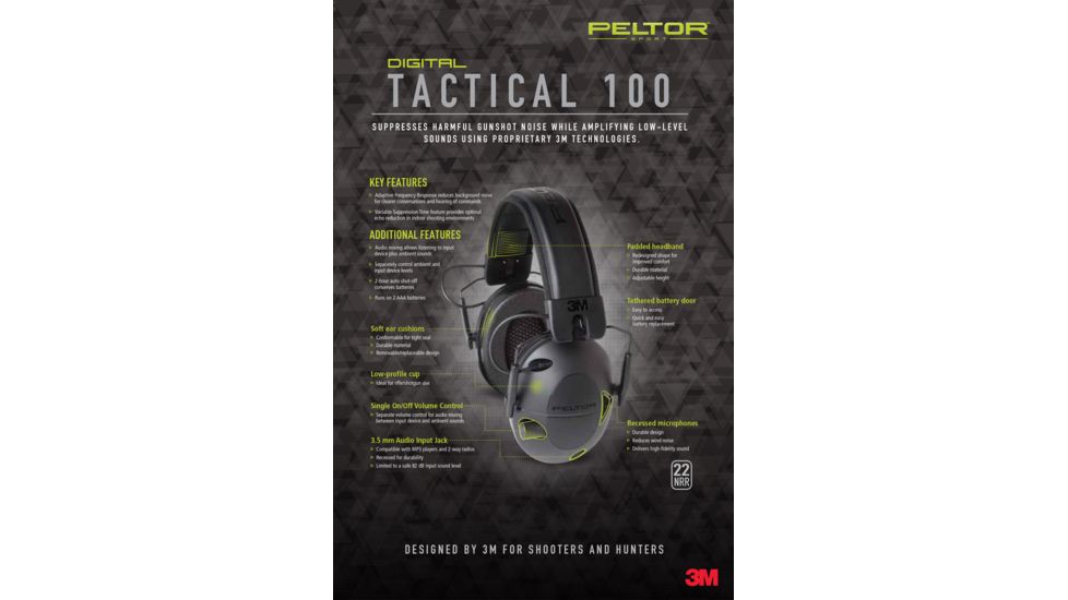Peltor Tactical 100 Electronic Hearing Protector Earmuffs, 22dB, Black TAC100-OTH