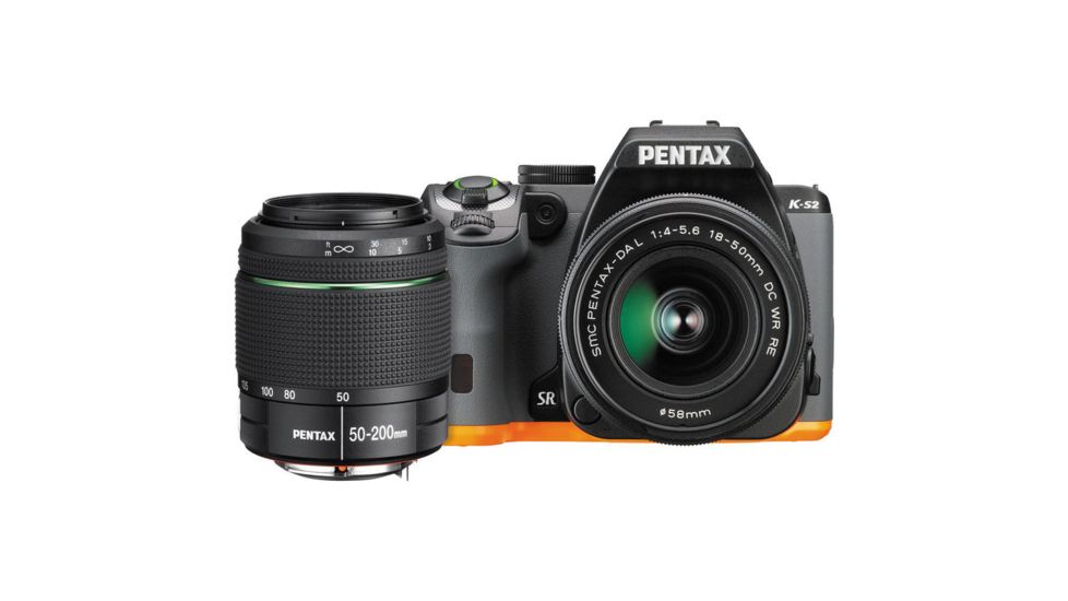 Pentax K-S2 DSLR Camera With 18-50mm and 50-200mm Lenses, Black/Orange 13218