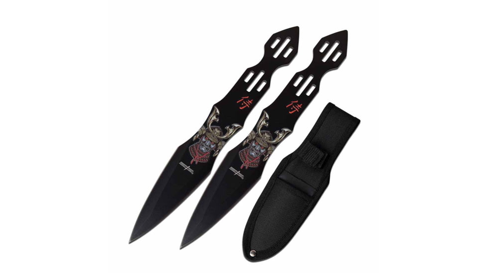 Perfect Point PP-118-2GY Throwing Knife Set, 7in, 2 Knives, Embossed Printed Shogun Skull Design, Black, PP-118-2GY