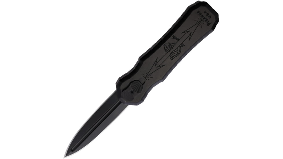 Piranha Knives Auto Excalibur Automatic Folding Knife, 3.25in, 154CM, Dagger Blade, Double Edge, Black DLC  Black Aluminum Handle, P-8BKT