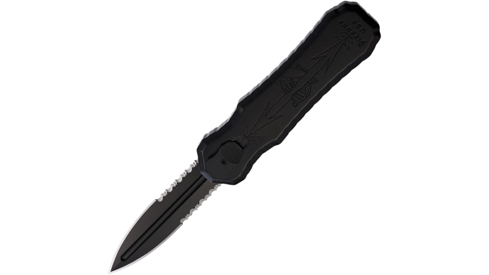 Piranha Knives Auto Excalibur Automatic Folding Knife, 3.25in, 154CM, Dagger Double Edge Blade, Partially Serrated, Black DLC, Black Aluminum Handle, P-8BKTS