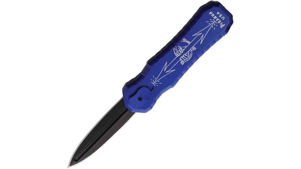 Piranha Knives Auto Excalibur Automatic Folding Knife, 3.25in, 154CM, Double Edge Dagger Blade, Black DLC, Blue Aluminum Handle, P-8BT