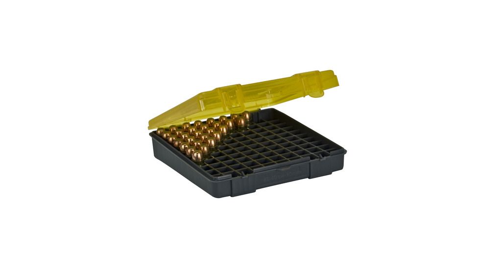 Plano 100 Count Handgun Ammo Case w/Hin ged Cover - 5.9in , .45 ACP .40 S&amp;W 10mm - Dk. Gray &amp; trans Amber 1227-00