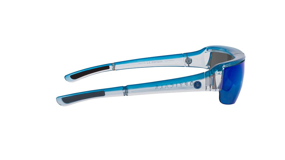 Popticals PopGun Sunglasses, Blue/Clear Crystal Gloss Frame, Gray/Blue Mirror Lens, Polarized, 030010-BFUN